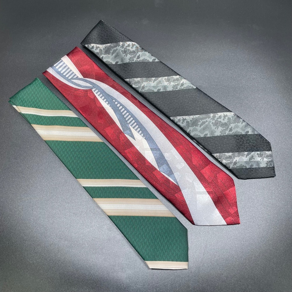 Vintage Hansom Mens Necktie Lot of 3 Green Red Black Geometric Striped Korea USA